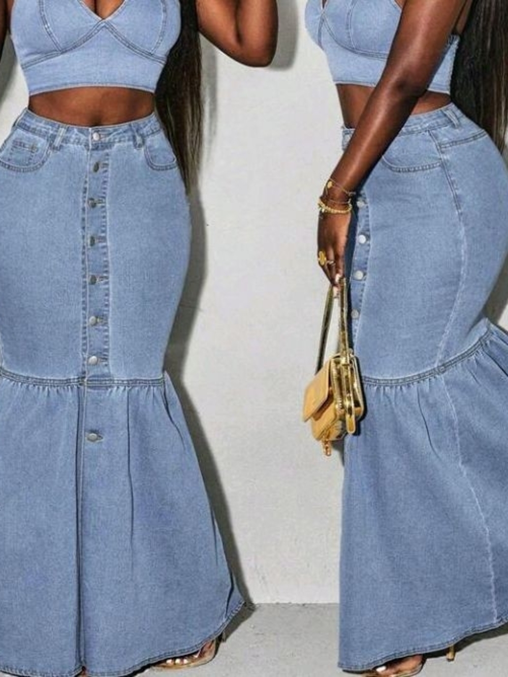 Light Blue Denim Mermaid Maxi Skirt